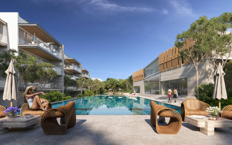 Alberca central de Macondo Playacar rodeada de vegetación tropical, con sillones de diseño en madera curvada, sombrillas, residentes disfrutando del sol, y edificios residenciales con terrazas amplias al fondo. Un escenario perfecto para quienes buscan departamentos en venta en Playa del Carmen con un estilo de vida relajado y sofisticado.