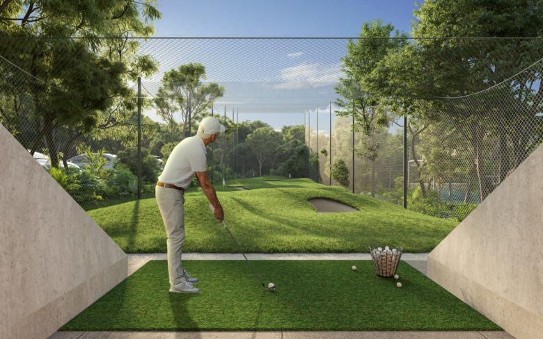 Área de práctica de golf en Macondo Playacar, rodeada de vegetación tropical, con zonas de tiro amplias, césped natural y un ambiente tranquilo diseñado para disfrutar del deporte en contacto con la naturaleza. Parte de las amenidades exclusivas que complementan los departamentos en venta en Playa del Carmen.